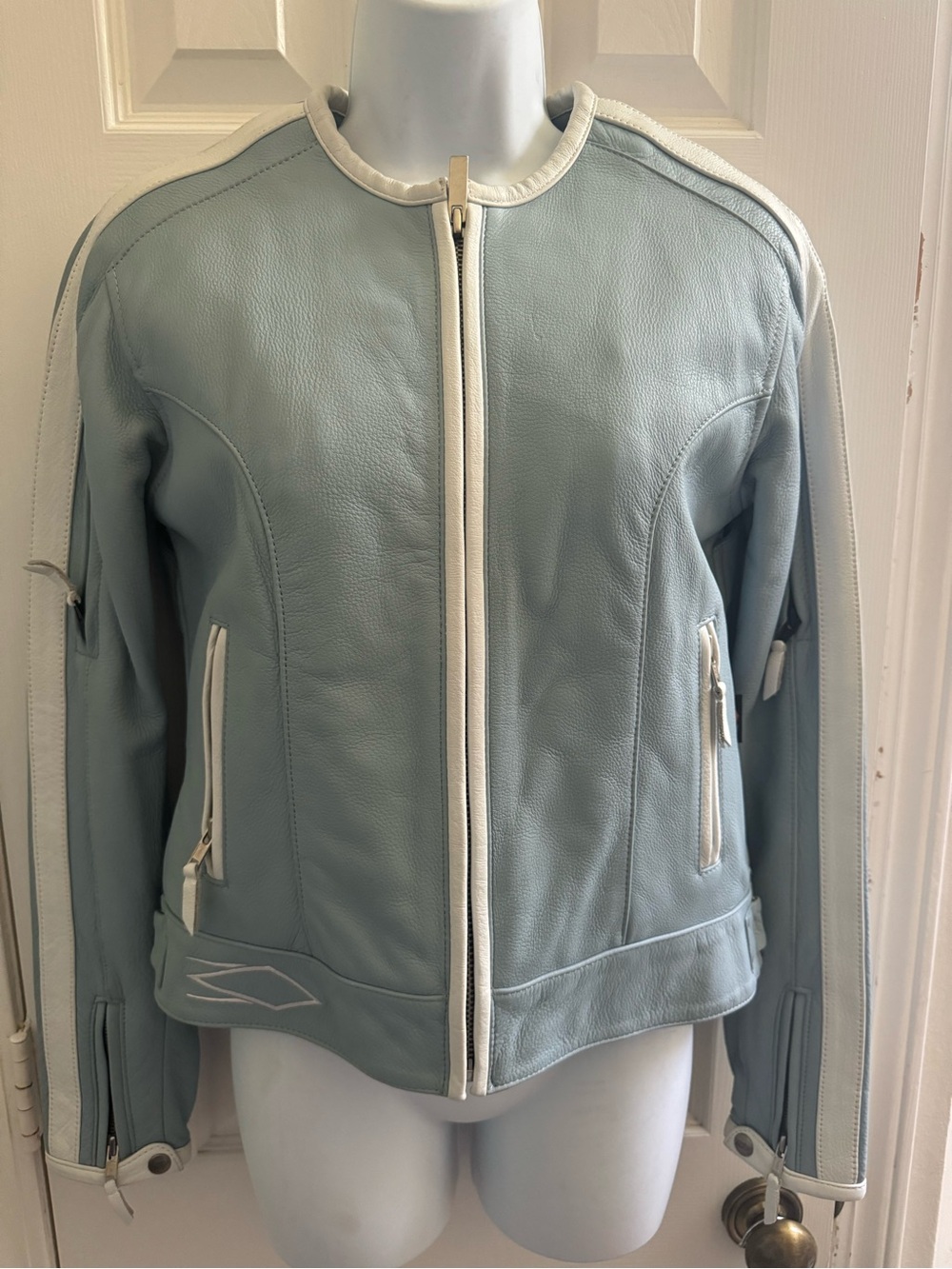 Women’s Pale Blue Leather Zip Jacket with White Trim